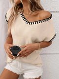 Contrast Trim V-Neck Knit Top - Trendsi