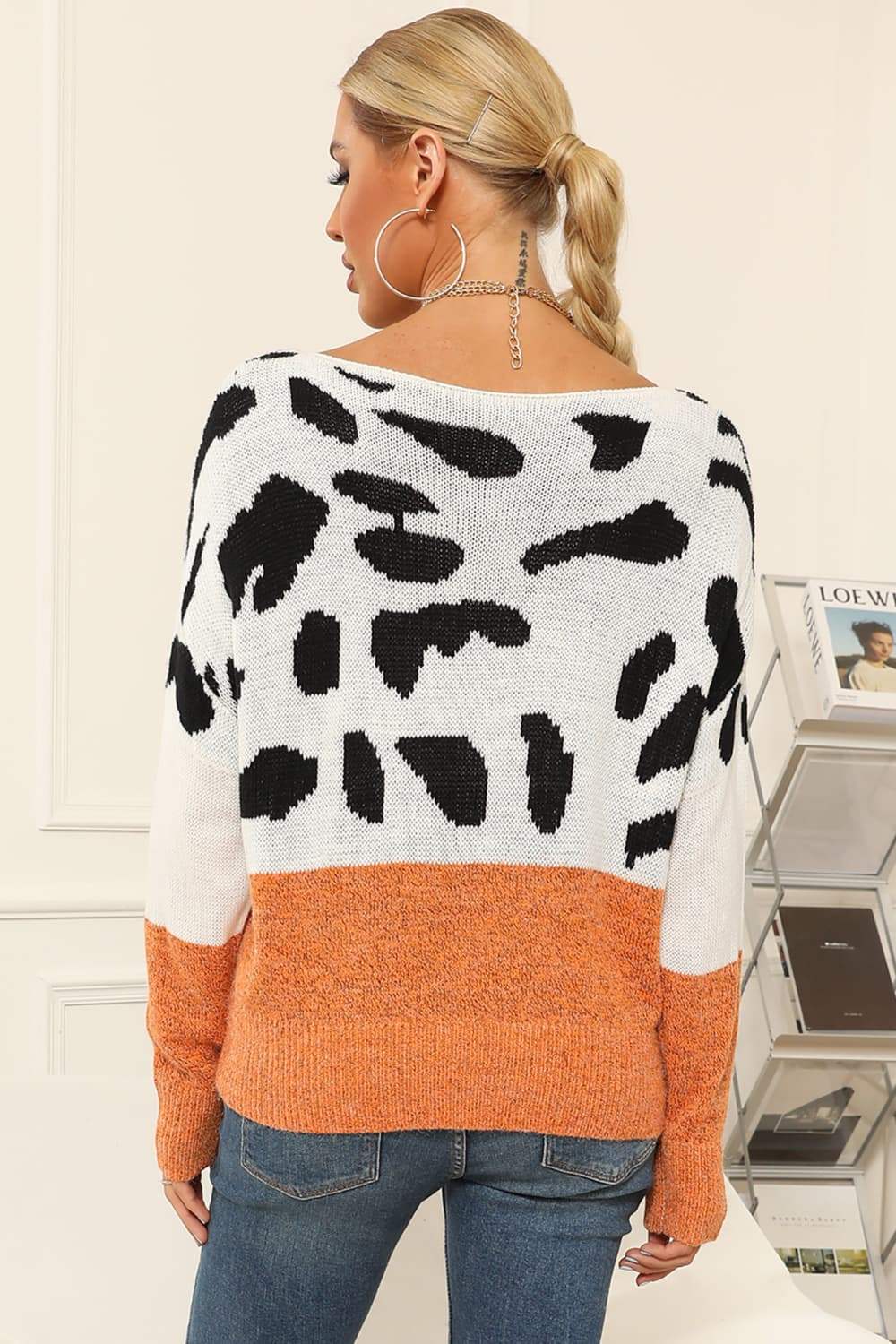 Full Size Two-Tone Boat Neck Sweater - Trendsi - Flyclothing LLC