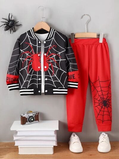 Spider Baseball Collar Top and Pants Set - Trendsi