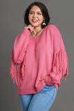 Umgee Full Size Fringe Round Neck Long Sleeve Sweater Plus Size - Trendsi