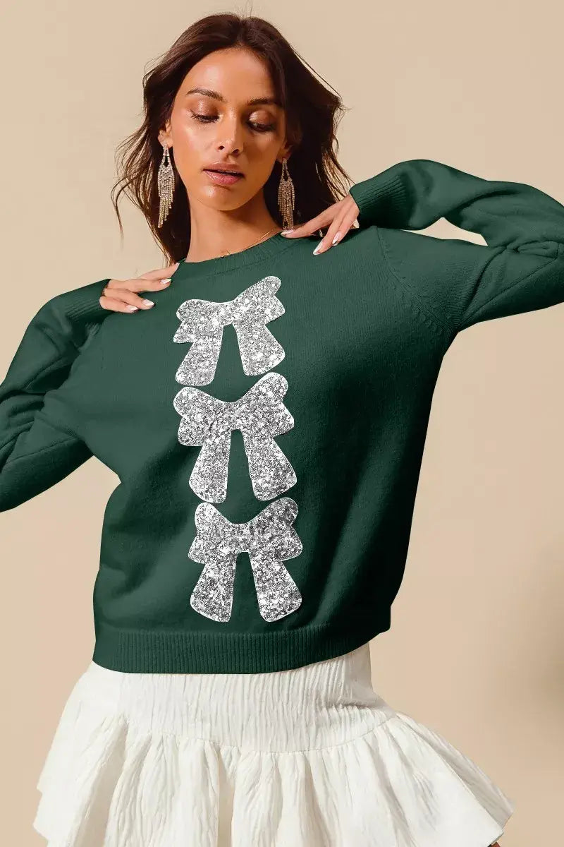 SO ME Sequins Bow Ribbon Embellished Christmas Sweater - Trendsi - Flyclothing LLC