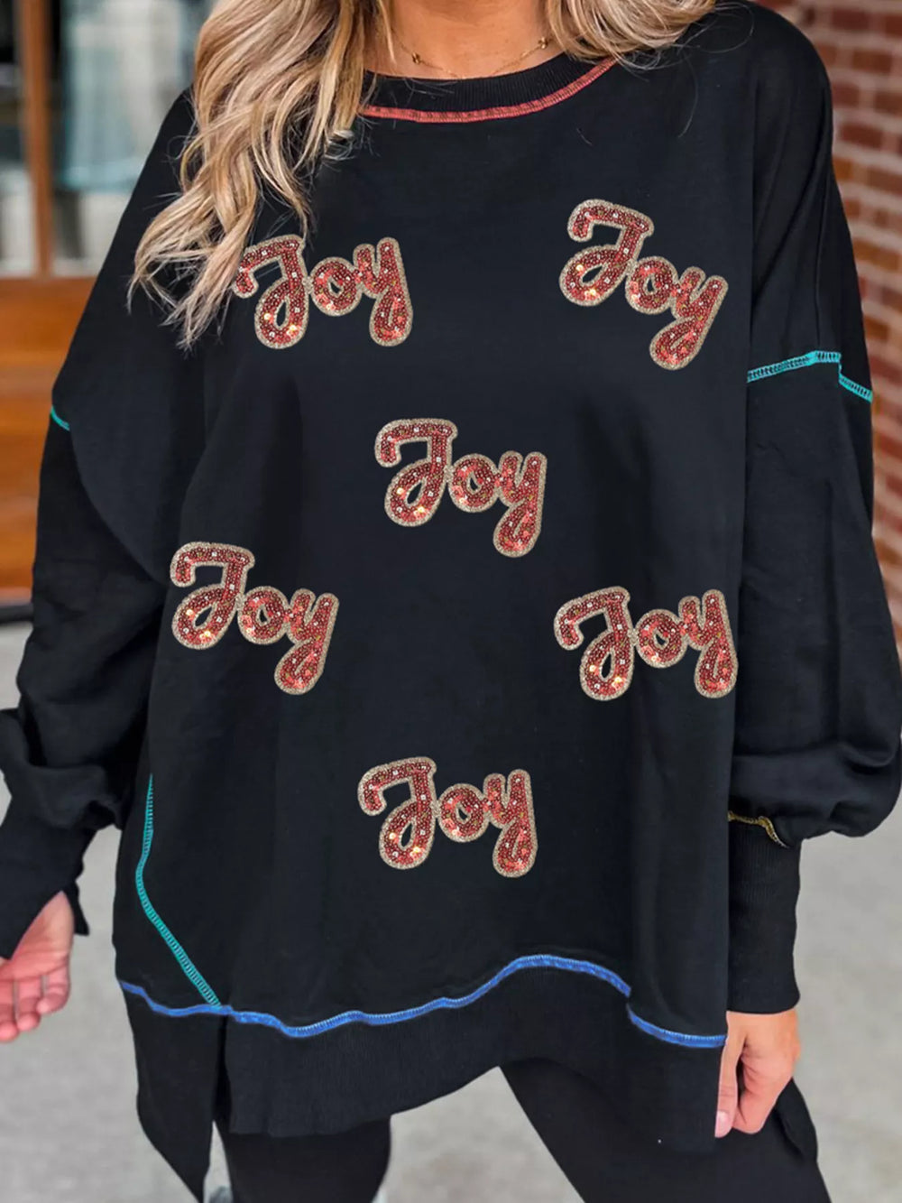 Sequin Joy Letter Graphic Contrast Seam Detail Drop Shoulder Sweatshirt - Trendsi - Flyclothing LLC