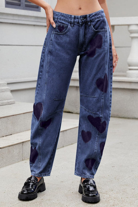 Heart Mid Rise Jeans with Pockets - Trendsi