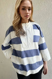 Oh Pima Cotton Wash Striped Half Zip Mock Neck Long Sleeve Top - Trendsi