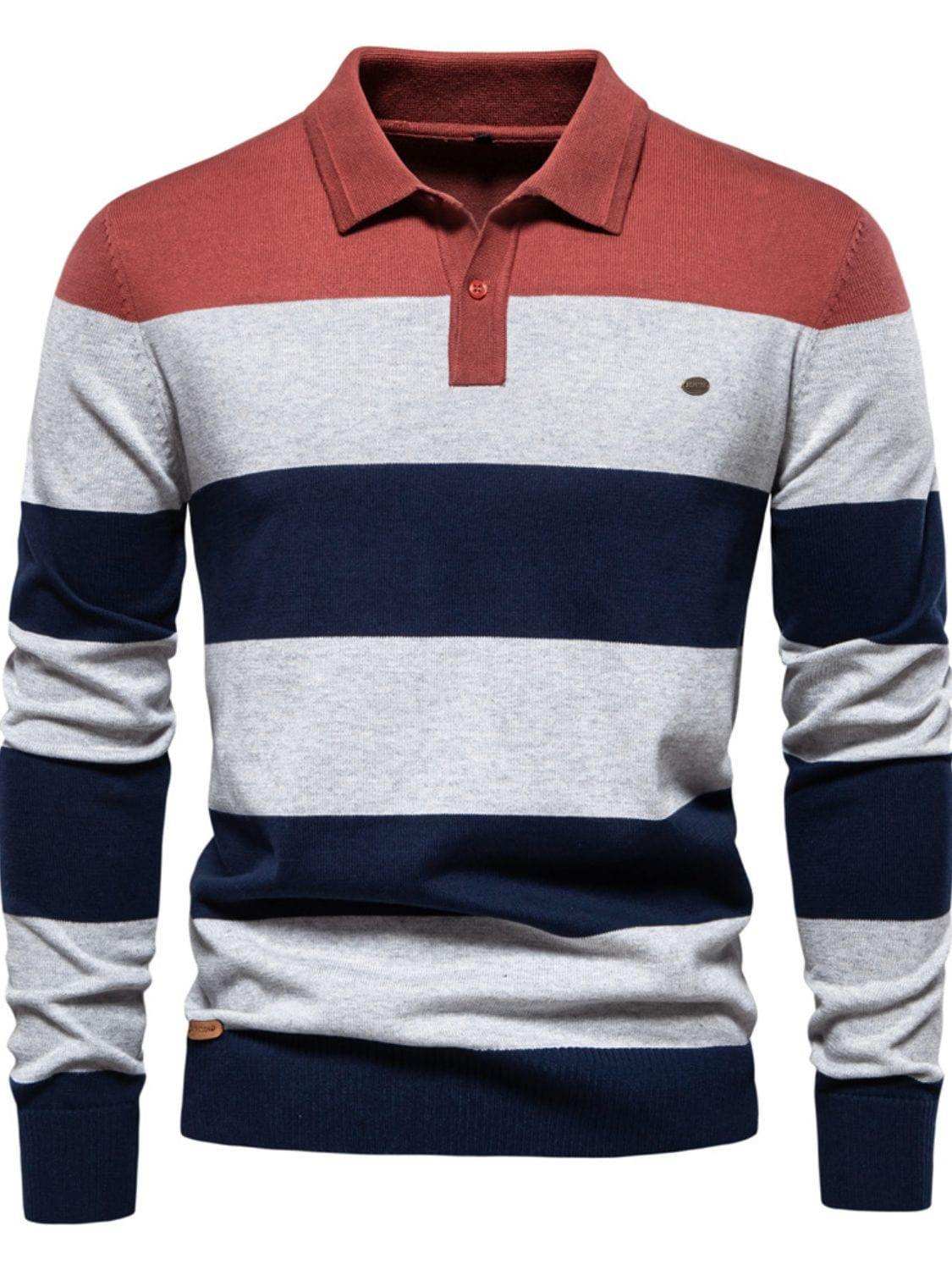 Men's Striped Long Sleeve Knit Polo - Trendsi - Flyclothing LLC
