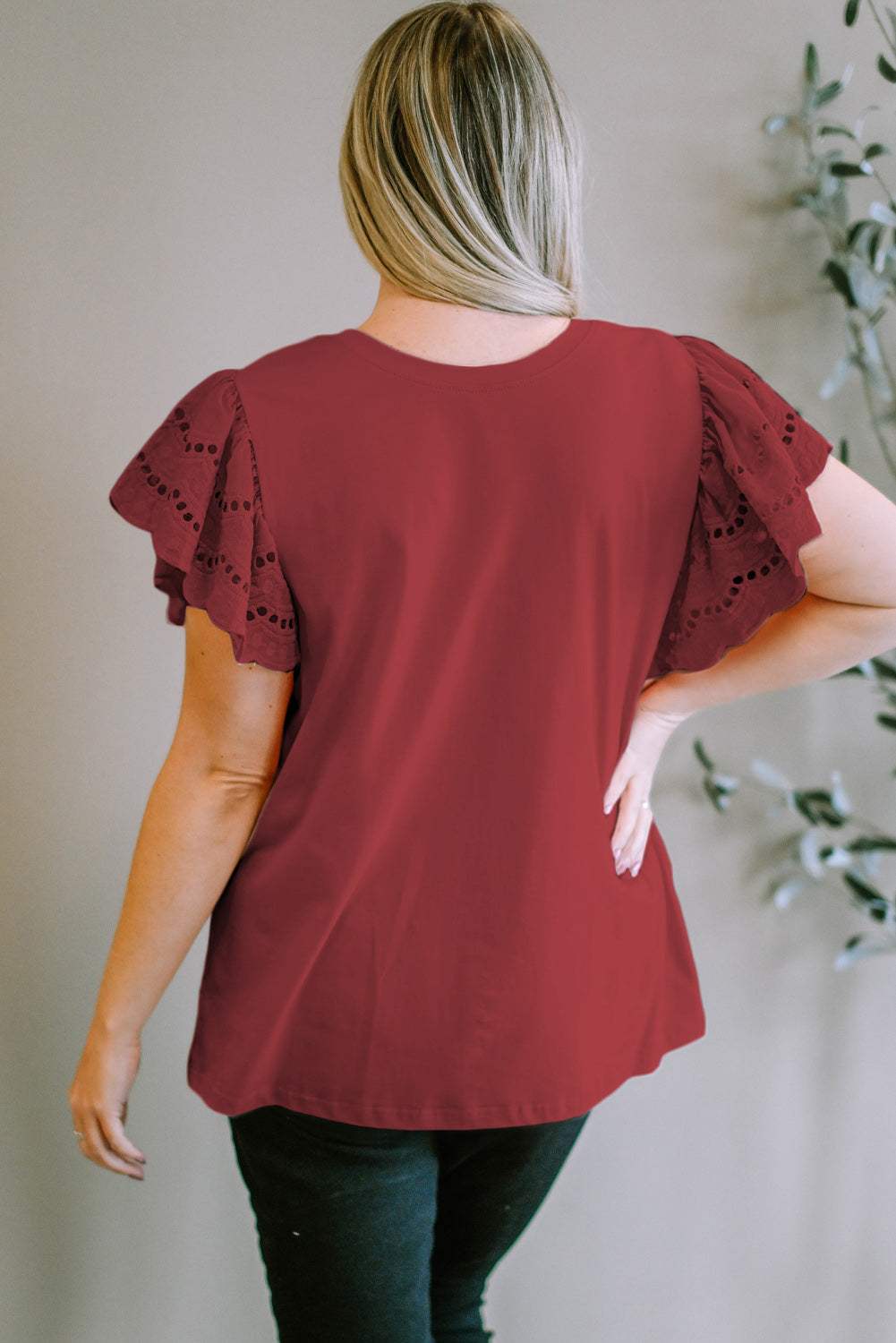 Plus Size Eyelet Round Neck Short Sleeve Blouse - Trendsi - Flyclothing LLC