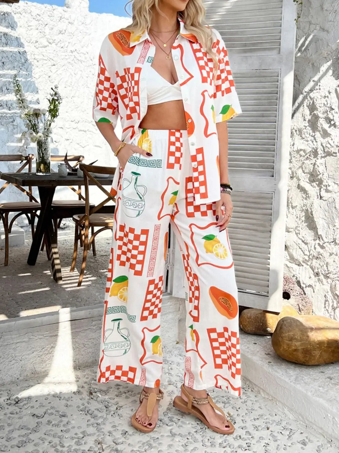 Devine Printed Collared Neck Half Sleeve Top and Pants Set - Trendsi - Flyclothing LLC
