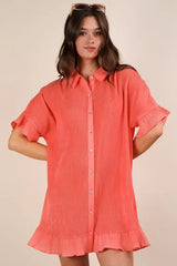 VERY J Pleated Detail Button Down Mini Dress - Trendsi - Flyclothing LLC