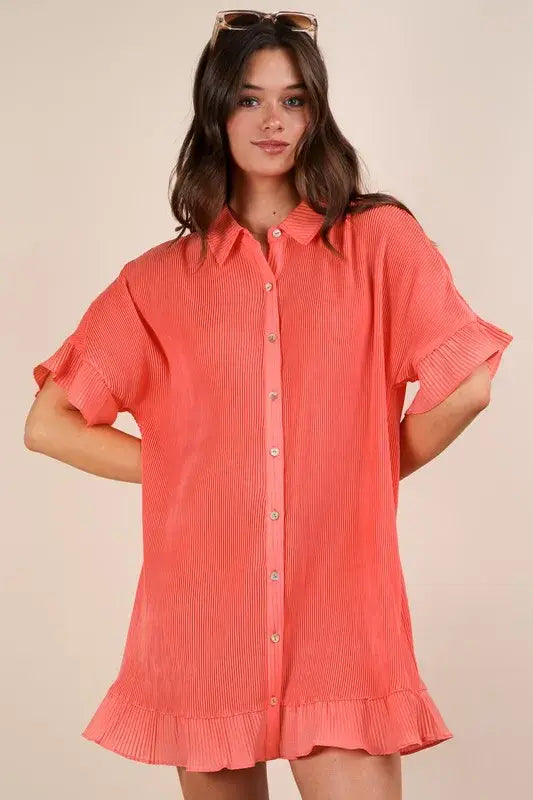 VERY J Pleated Detail Button Down Mini Dress - Trendsi - Flyclothing LLC