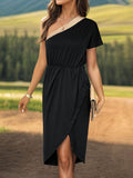 Slit Single Shoulder Short Sleeve Midi Dress - Trendsi