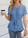 Tied Pleated Round Neck Short Sleeve Top - Trendsi - Flyclothing LLC