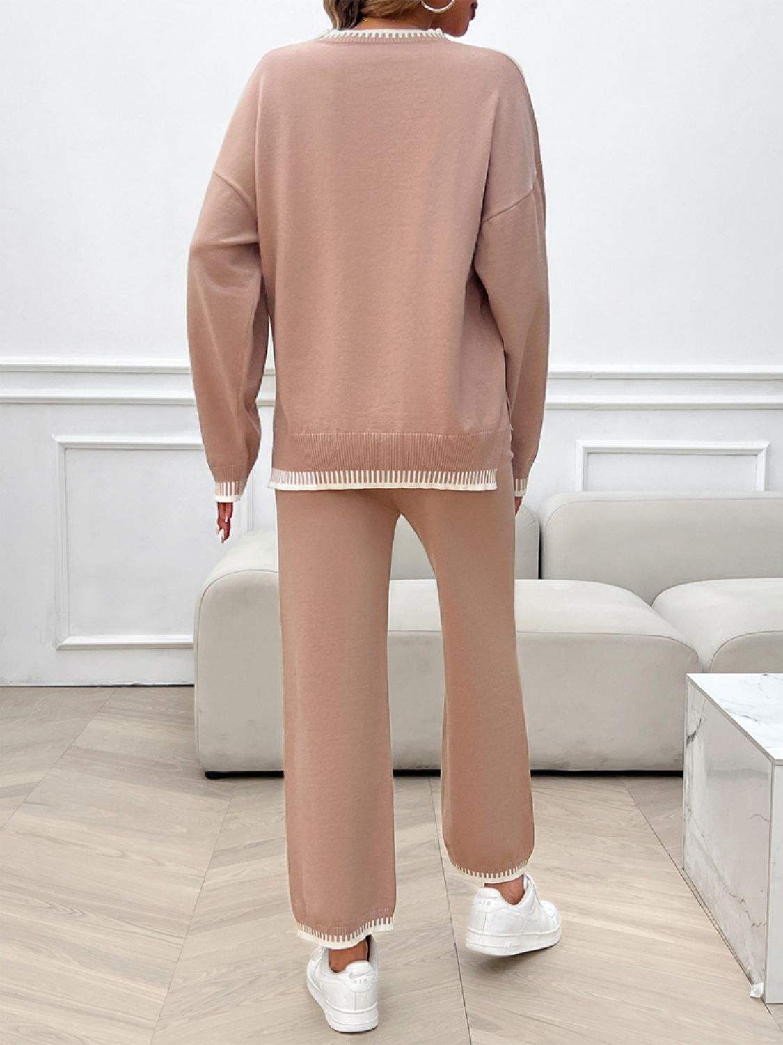 Round Neck Dropped Shoulder Top and Pants Sweater Set - Trendsi - Flyclothing LLC