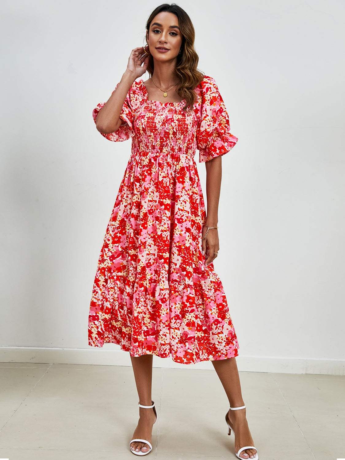 Smocked Floral Square Neck Short Sleeve Dress - Trendsi - Flyclothing LLC