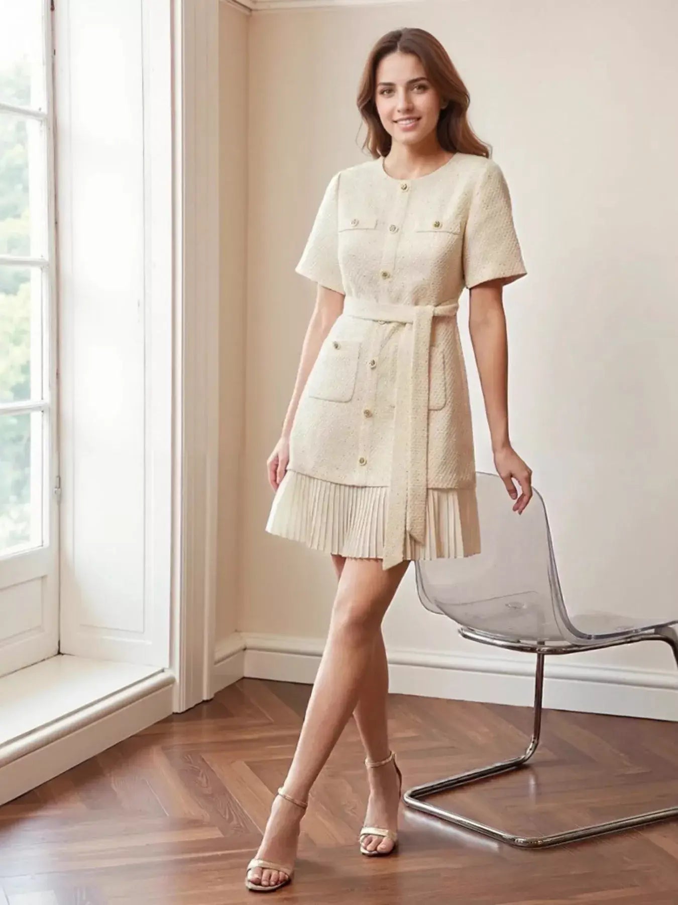 Pleated Hem Round Neck Dress - Trendsi - Flyclothing LLC