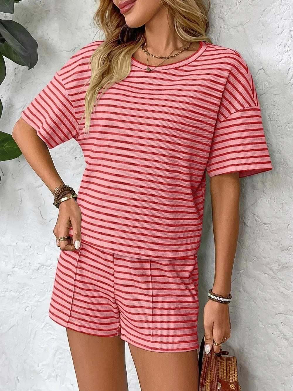 Striped Round Neck Short Sleeve Top and Shorts Set - Trendsi - Flyclothing LLC