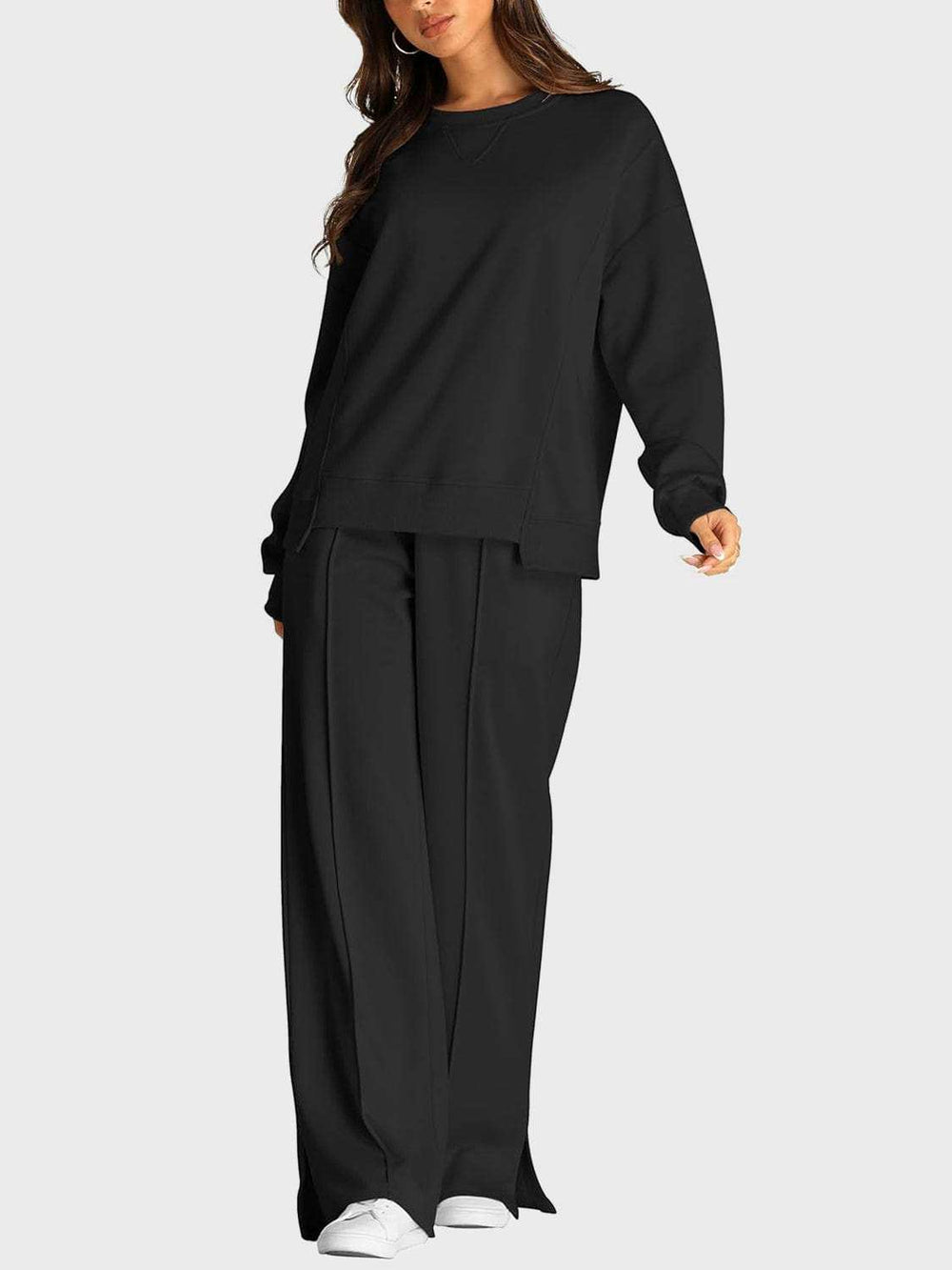 Round Neck Long Sleeve Top and Slit Pants Set - Trendsi - Flyclothing LLC