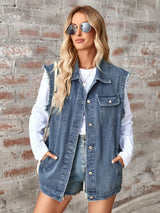 Raw Hem Sleeveless Button Up Denim Jacket - Trendsi - Flyclothing LLC
