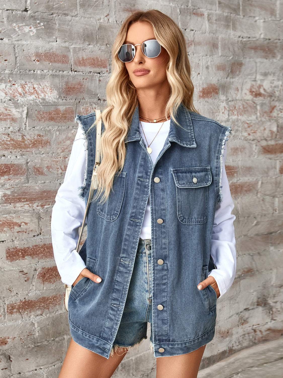 Raw Hem Sleeveless Button Up Denim Jacket - Trendsi - Flyclothing LLC