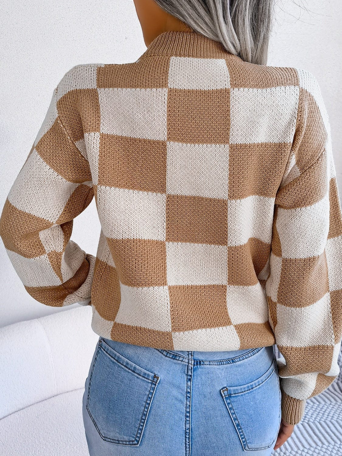 Checkered Mock Neck Long Sleeve Sweater - Trendsi