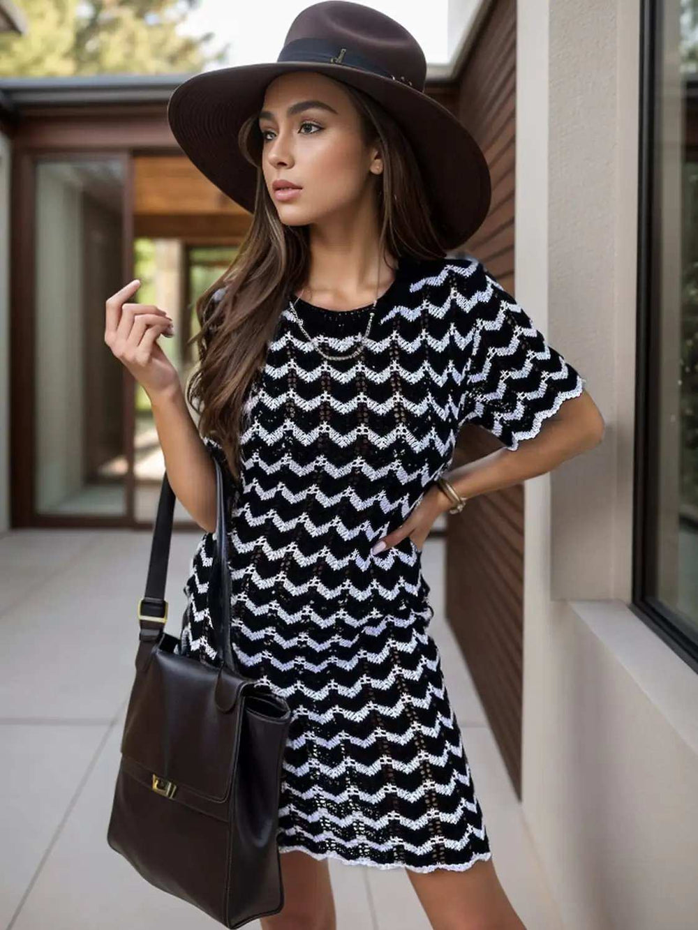 Chevron Round Neck Short Sleeve Knit Dress - Trendsi - Flyclothing LLC