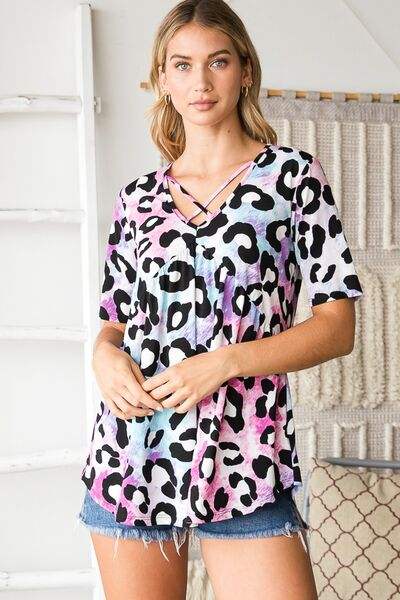 Heimish Full Size Crisscross Neck Animal Print Babydoll Top Plus Size - Trendsi - Flyclothing LLC