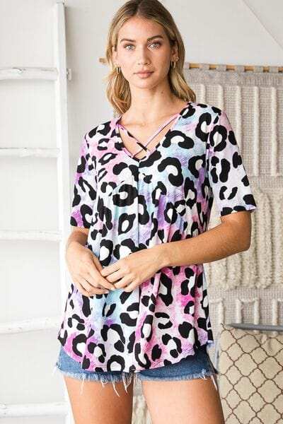 Heimish Full Size Crisscross Neck Animal Print Babydoll Top Plus Size - Trendsi - Flyclothing LLC