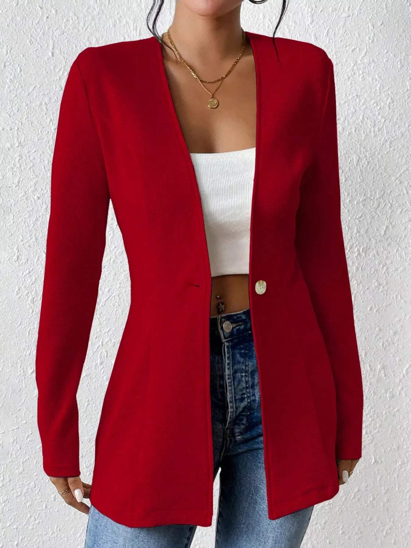 One Button Long Sleeve Blazer - Trendsi - Flyclothing LLC