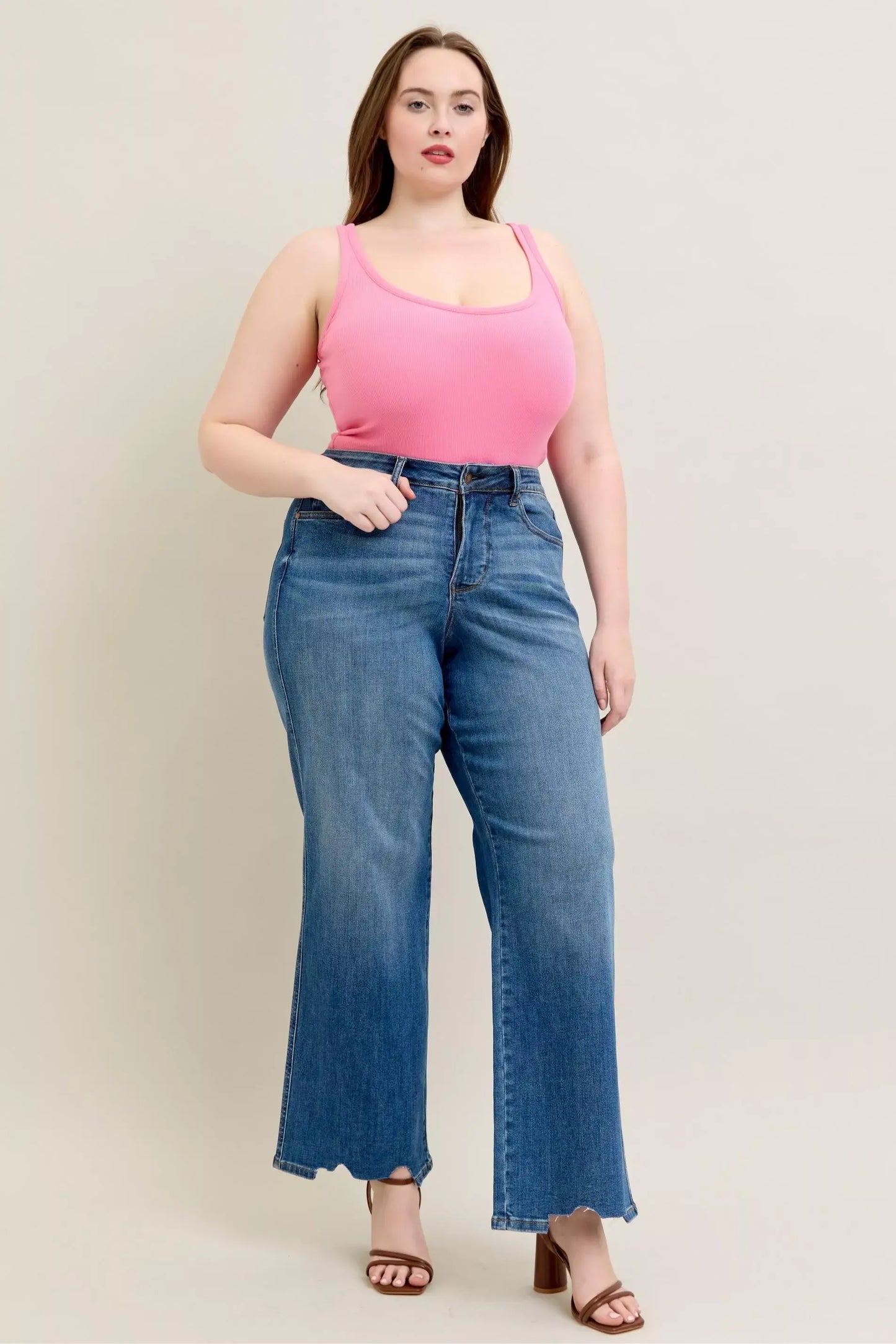 Judy Blue Full Size High Waist Tummy Control Chew Hem Destroy Wide Jeans Plus Size - Trendsi - Flyclothing LLC