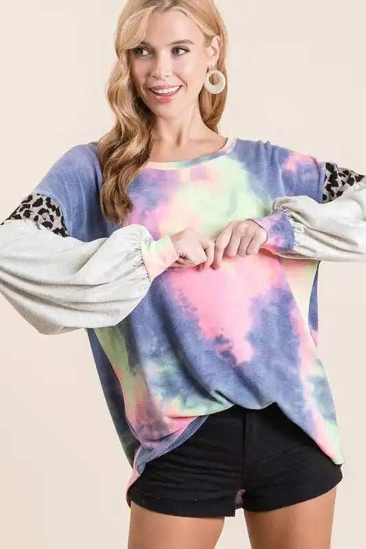 BiBi Tie Dye Terry Top with Contrast Puff Sleeves - Trendsi - Flyclothing LLC