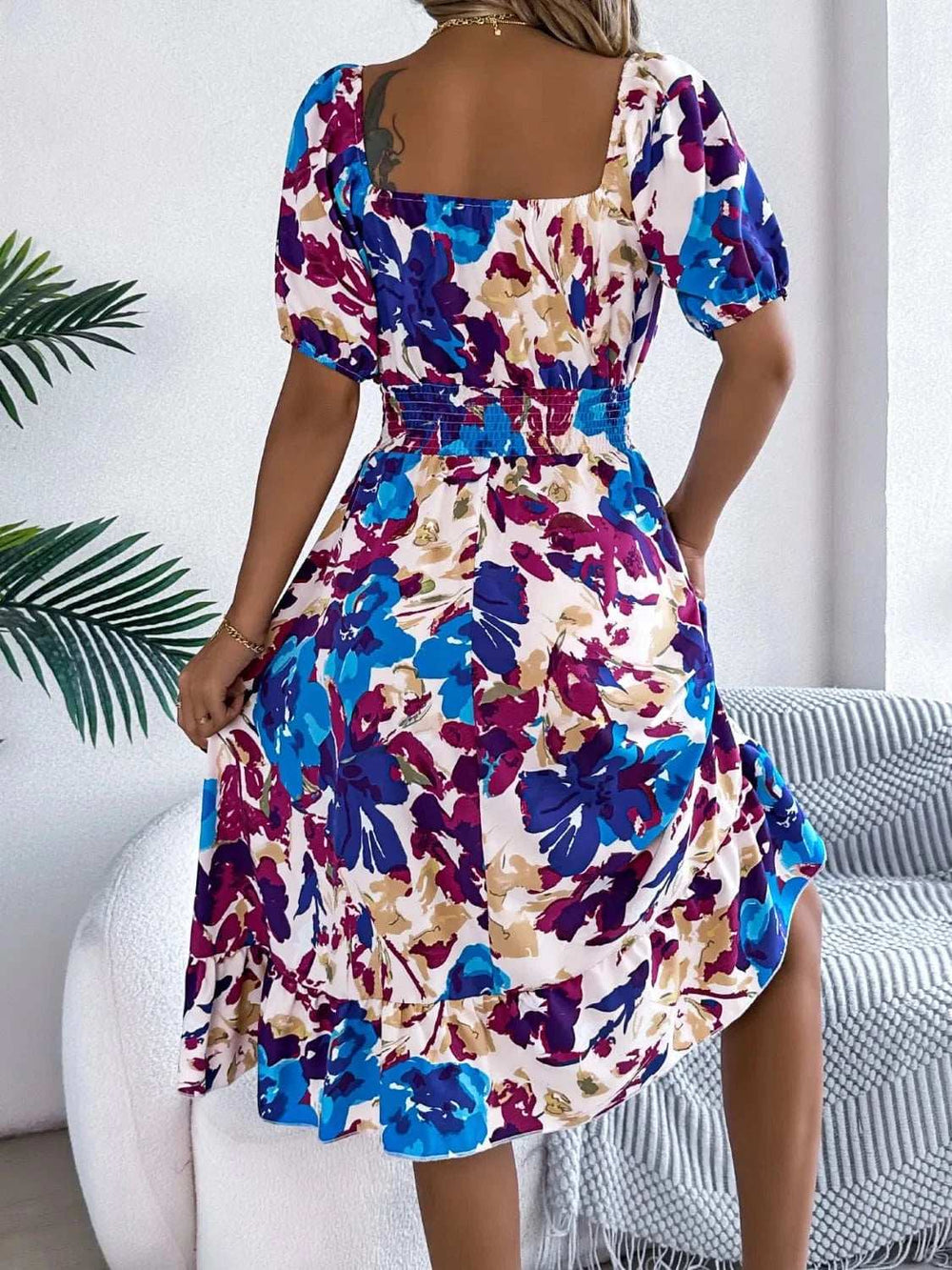 Ruffled Hem Smocked Floral Short Sleeve Midi Dress - Trendsi - Flyclothing LLC
