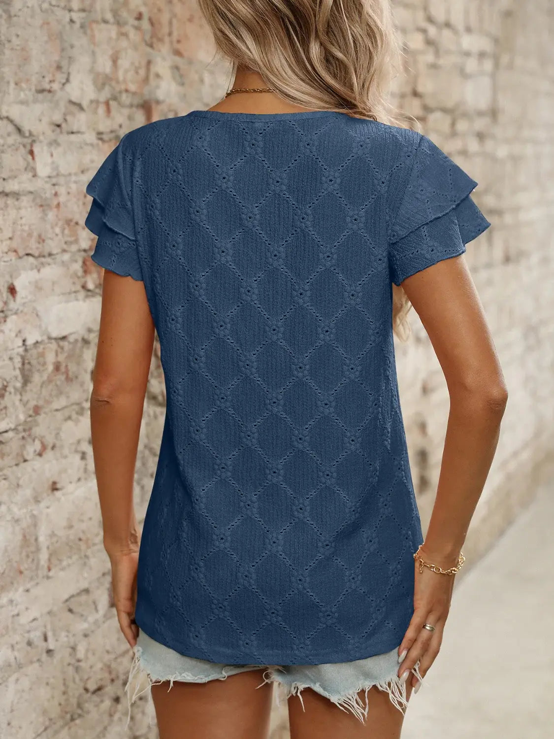 Eyelet Round Neck Double Layered Ruffled Short Sleeve Top - Trendsi - Flyclothing LLC