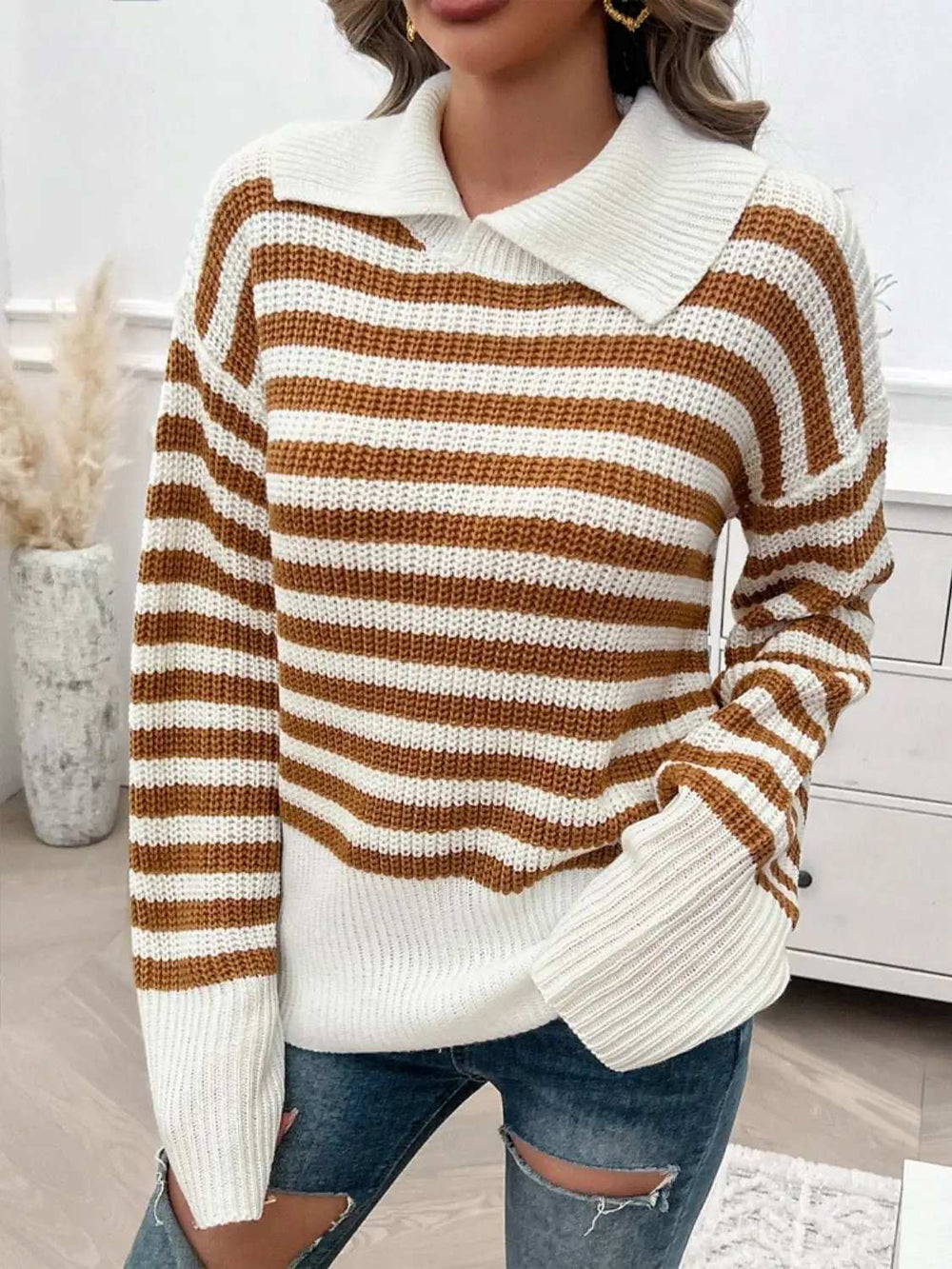 Striped Collared Neck Long Sleeve Sweater - Trendsi - Flyclothing LLC