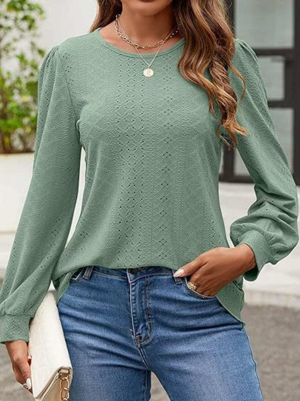 Eyelet Round Neck Long Sleeve Top - Trendsi - Flyclothing LLC