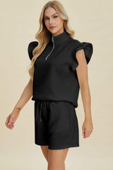 Double Take Full Size Texture Flounce Sleeve Top and Shorts Set - Trendsi - Flyclothing LLC