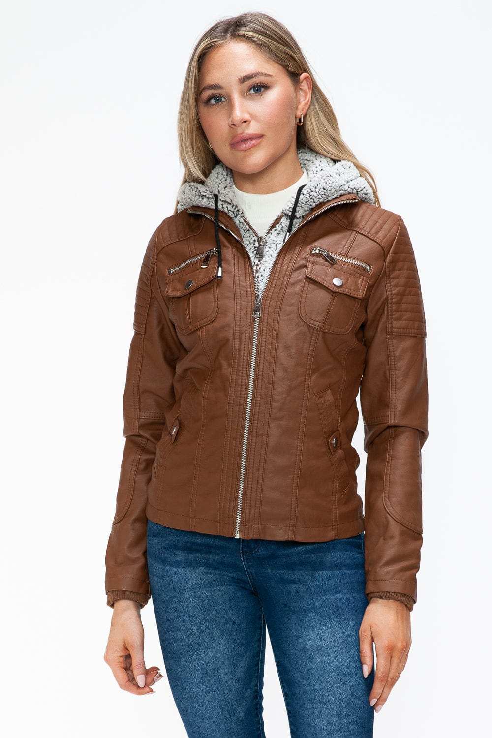 YMI Removable Faux Layered Multi-Pocket Jacket with Fuzzy Hood - Trendsi - Flyclothing LLC