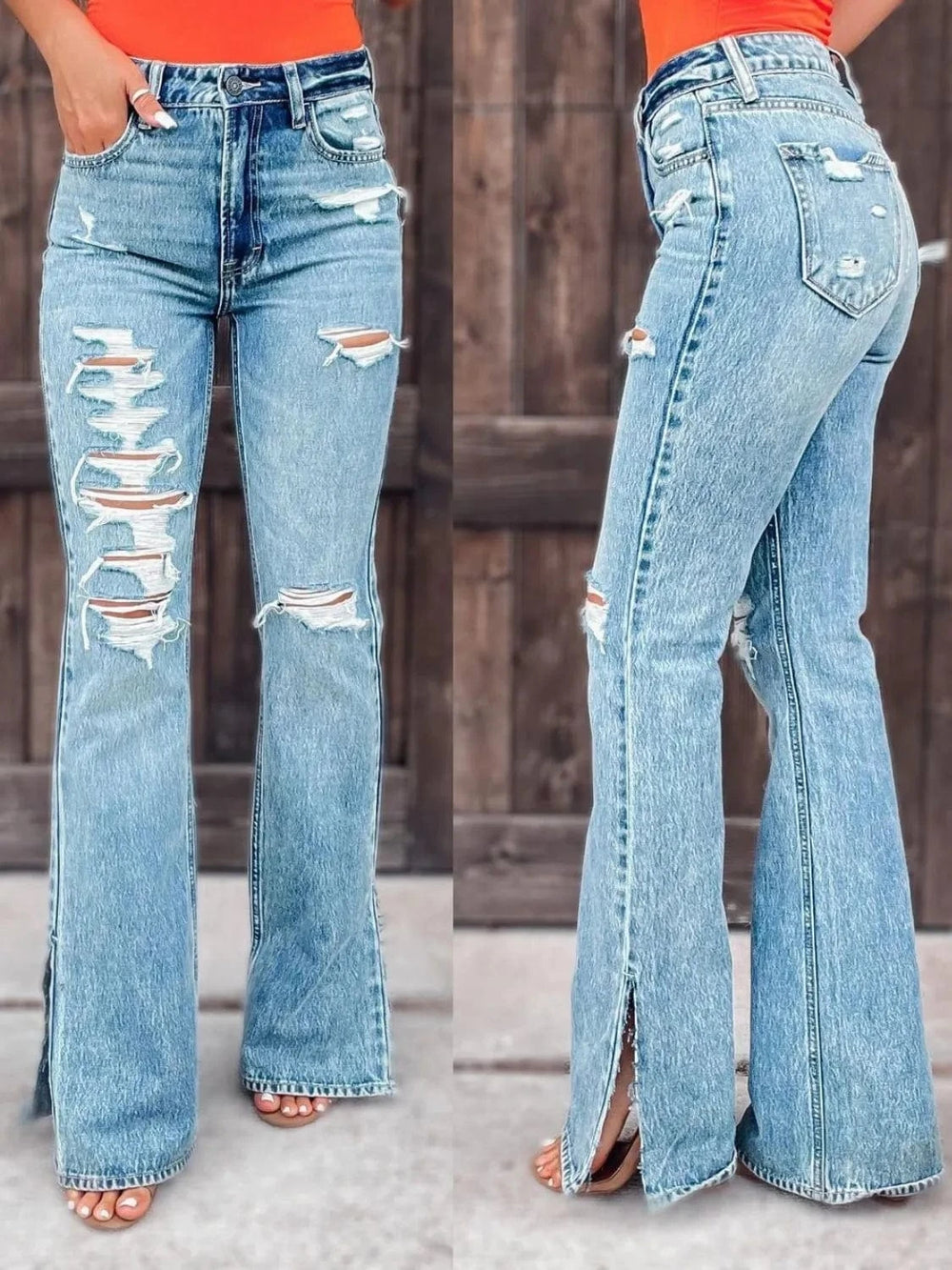 Distressed Slit Bootcut Jeans - Trendsi