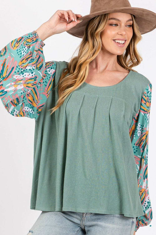 SAGE + FIG Ruched Round Neck Printed Bubble Sleeve Top - Trendsi - Flyclothing LLC