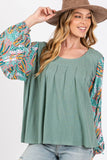 SAGE + FIG Ruched Round Neck Printed Bubble Sleeve Top - Trendsi