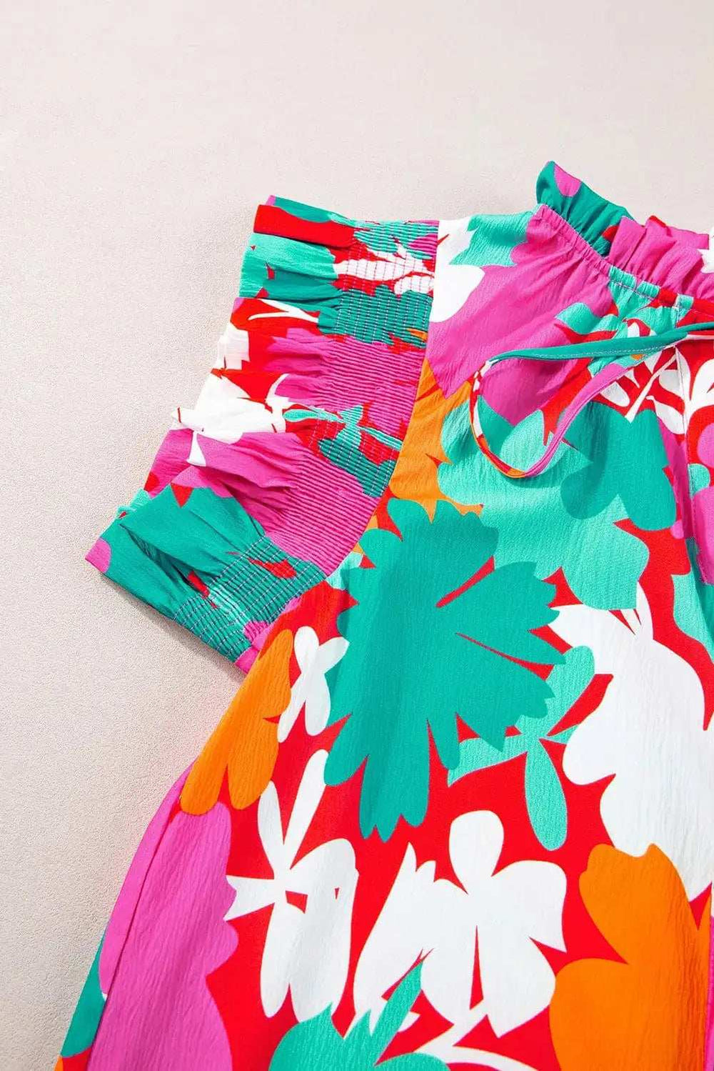 Printed Tie Neck Cap Sleeve Blouse - Trendsi - Flyclothing LLC