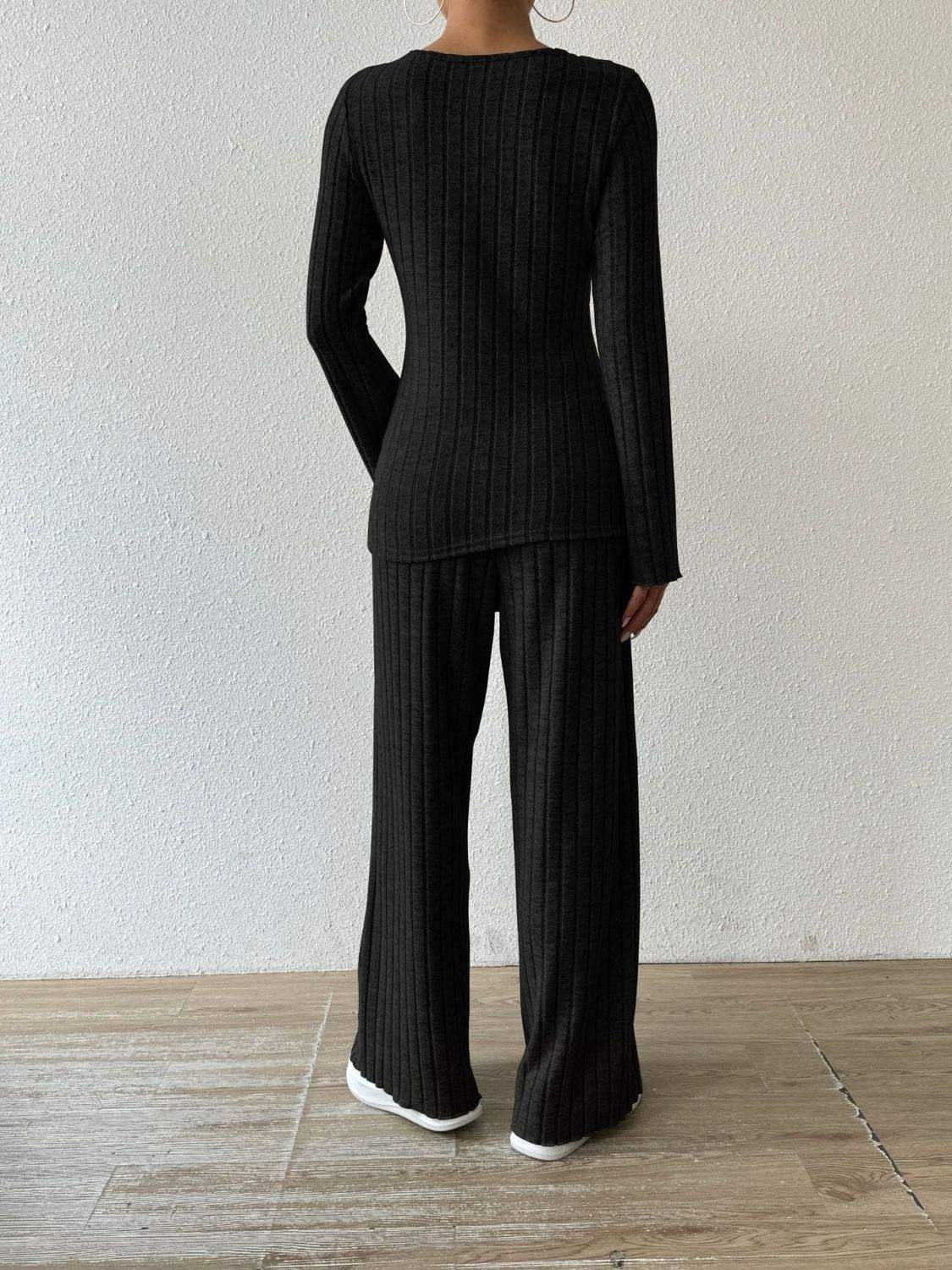 Ribbed V-Neck Long Sleeve Top and Pocketed Pants Set - Trendsi - Flyclothing LLC