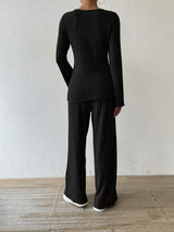Ribbed V-Neck Long Sleeve Top and Pocketed Pants Set - Trendsi - Flyclothing LLC