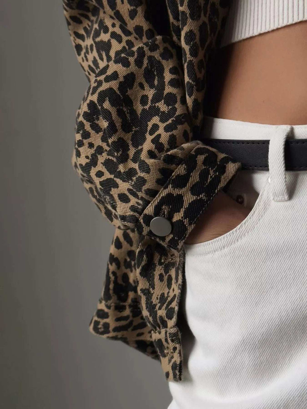 Leopard Button Up Long Sleeve Denim Jacket - Trendsi - Flyclothing LLC