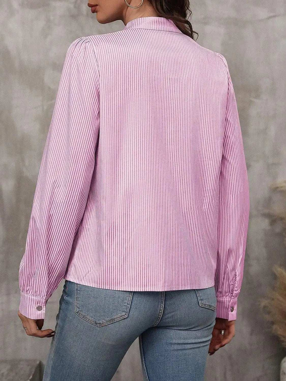 Striped Tie Neck Long Sleeve Blouse - Trendsi - Flyclothing LLC