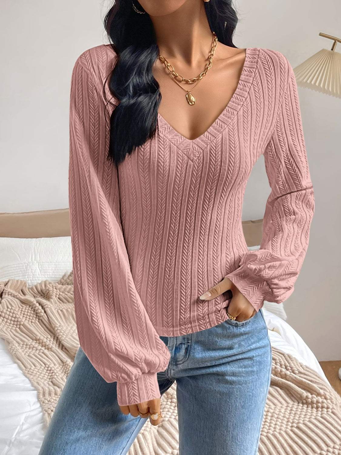 V-Neck Long Sleeve T-Shirt - Trendsi - Flyclothing LLC