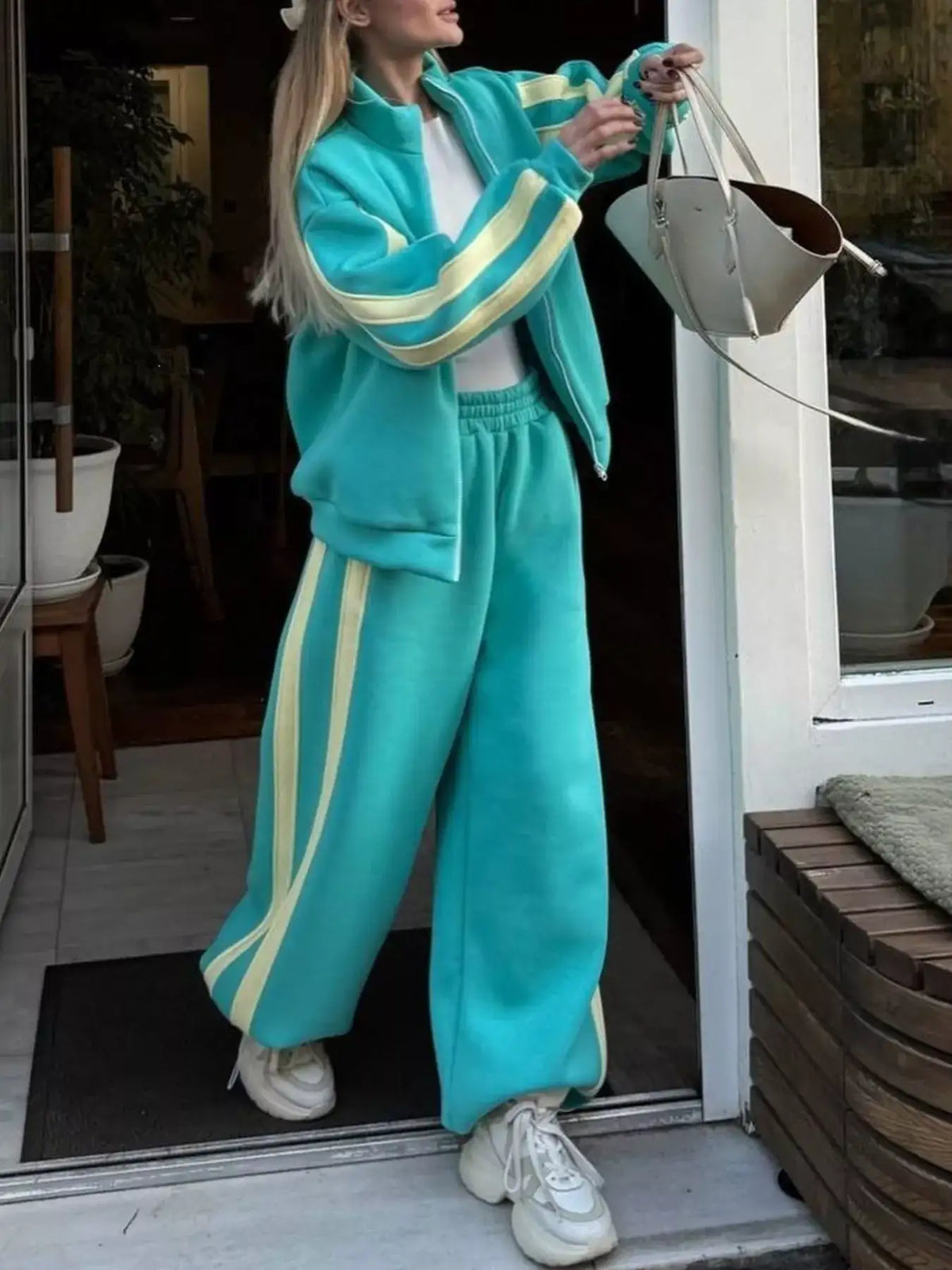Contrast Striped Zip Up Top and Pants Set - Trendsi - Flyclothing LLC