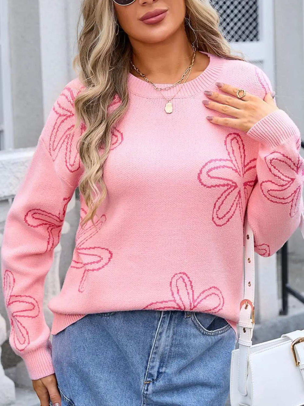 Flower Round Neck Dropped Shoulder Sweater - Trendsi - Flyclothing LLC