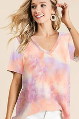 BiBi Tie Dye French Terry V Neck Top - Trendsi - Flyclothing LLC