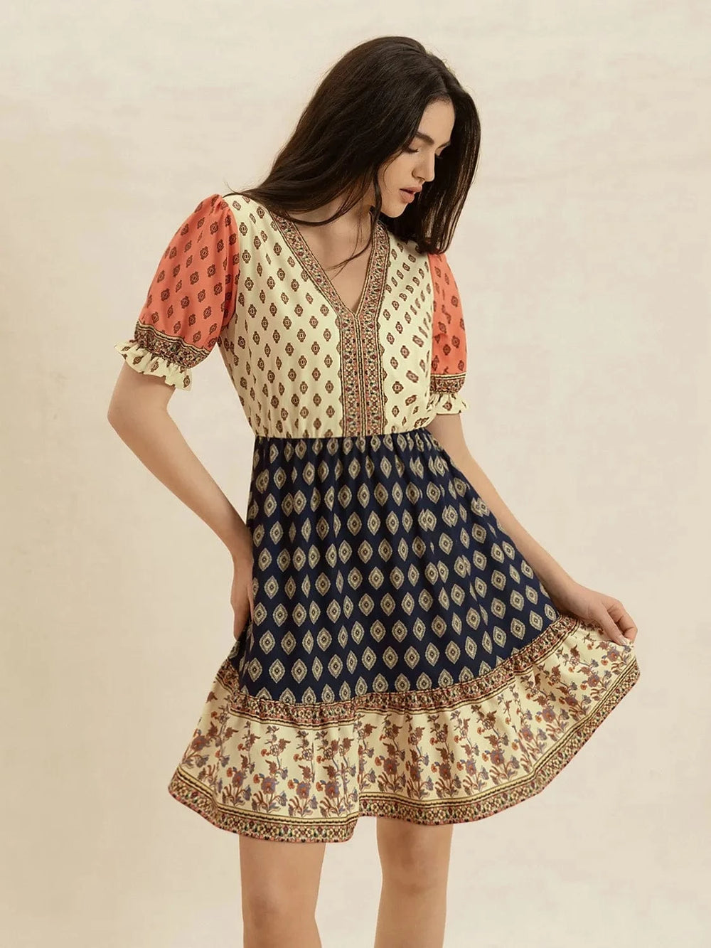 Printed V-Neck Short Sleeve Dress - Trendsi