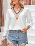 Contrast V-Neck Long Sleeve Blouse - Trendsi - Flyclothing LLC