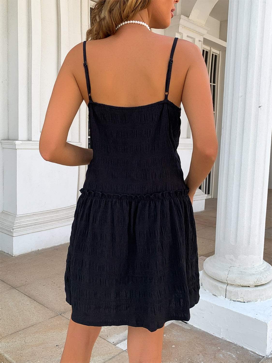 Ruffle Hem Textured V-Neck Cami Dress - Trendsi - Flyclothing LLC